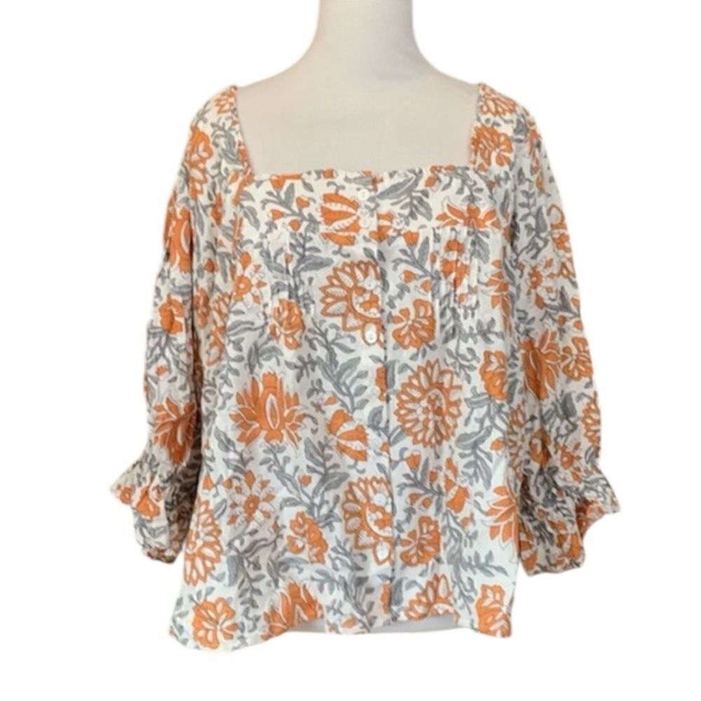 Rachel Zoe Button Down Linen Blend Blouse orange Rust Grey White